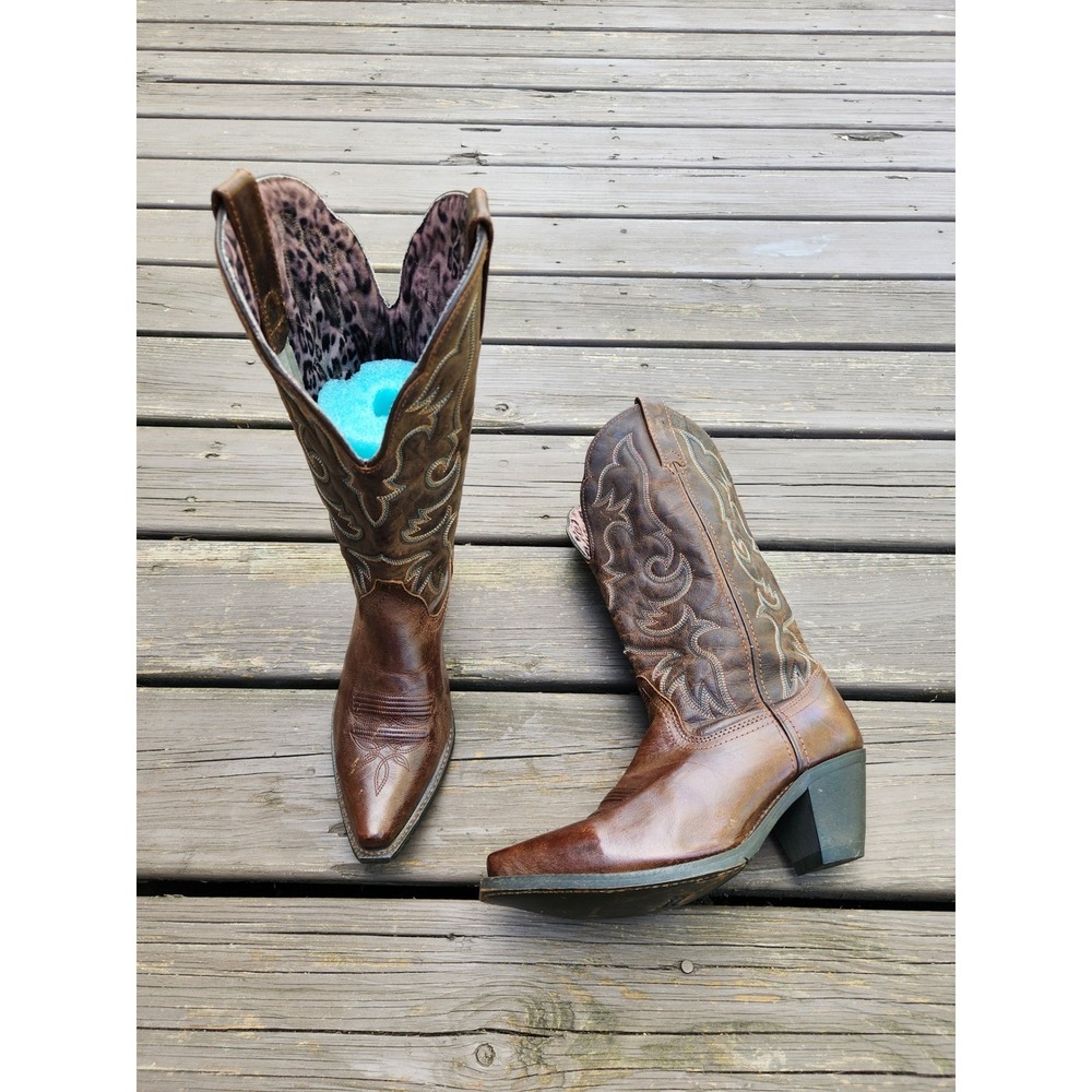 Laredo Access Western Boots Brown Leather Leopard Lining 51078 Size 8.5M